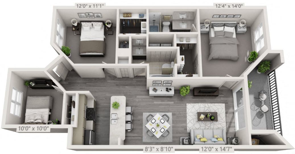 Floor plan for 3 beds, 2 baths, 1223 sqft